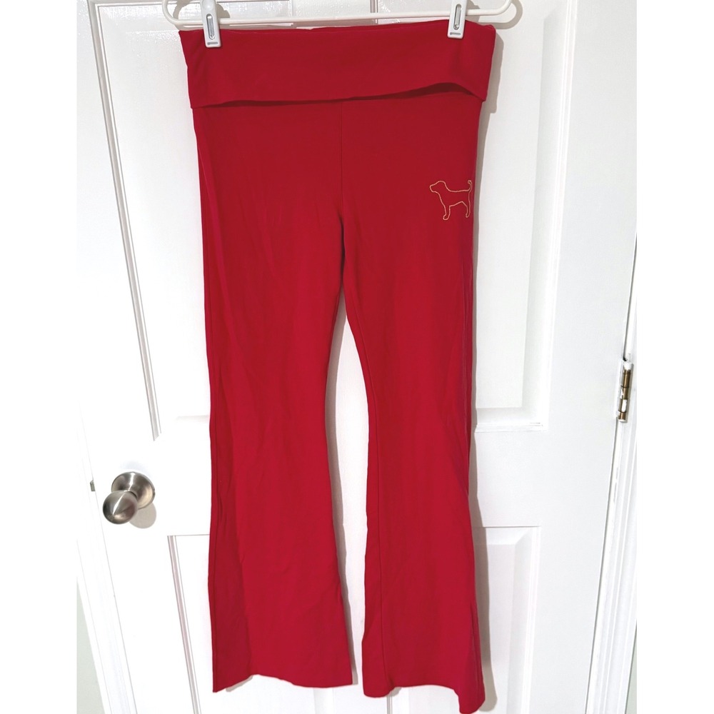 Victoria's Secret PINK Red Gold Logo Foldover Waist Flare Yoga Pants Medium 33in